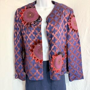 Ruby Cho Silk Blend Burnout Embroidered Jacket Floral Applique Boho M